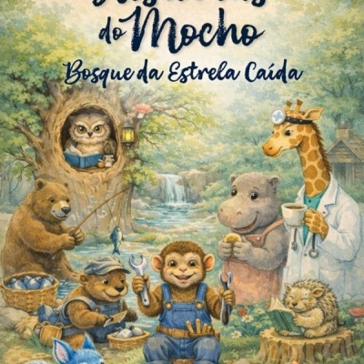 Capa de livro infantil Histórias do Mocho - Bosque da Estrela Caída com animação de animais na floresta