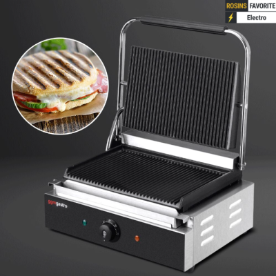 Máquina de grelhar sandwich elétrica preta e metálica com sandwich tostado na imagem circular