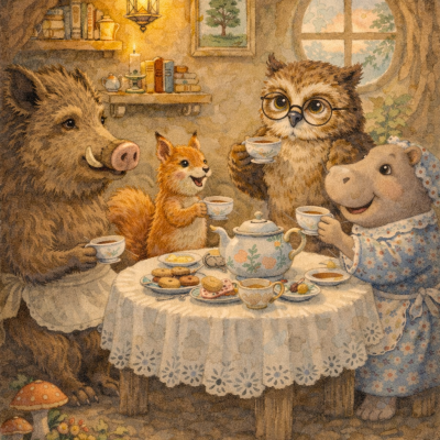 Ilustração de animais antropomórficos a tomar chá numa mesa redonda com toalha rendada numa casa acolhedora