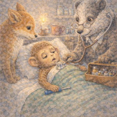 Ilustração de médico texugo examinando macaco doente na cama com raposa a observar