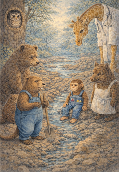 Ilustração de animais antropomórficos vestindo roupa, junto a um riacho e árvores