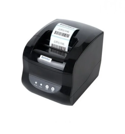 Impressora térmica de etiquetas preta com etiquetas de código de barras e botões frontais