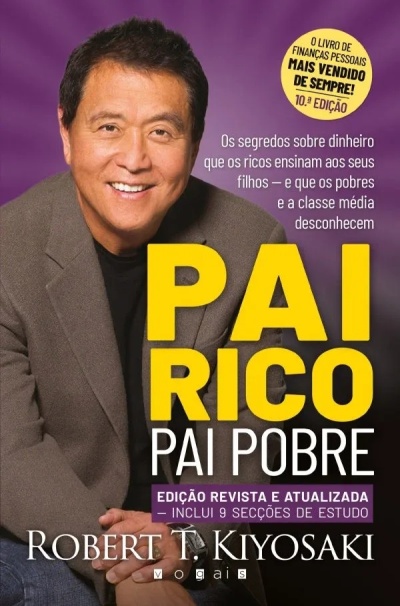 Capa do livro PAI RICO PAI POBRE com imagem de um homem sorridente, texto do título e selos