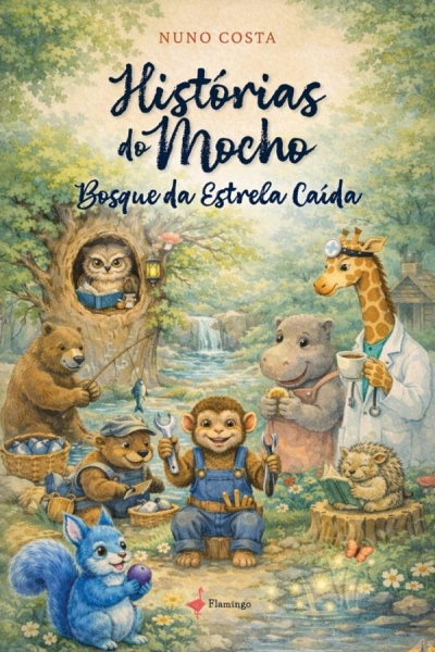 Capa de livro infantil Histórias do Mocho - Bosque da Estrela Caída com animação de animais na floresta