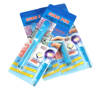 Caneta testadora de dinheiro Euro Pen em embalagens azul e transparente