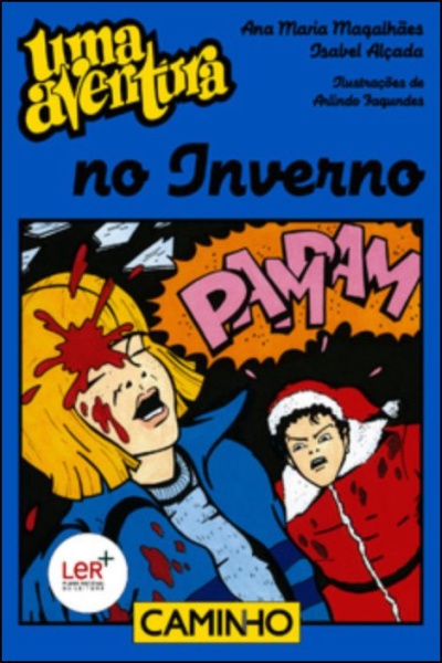 Capa de livro com ilustração de comic e texto em azul, amarelo e rosa