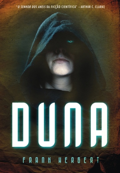 Capa do livro Duna com figura com capuz e texto em português.