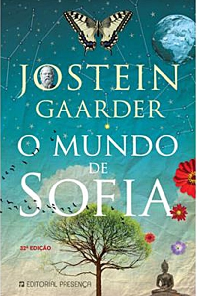 Capa do livro O Mundo de Sofia com borboleta, árvore e lua