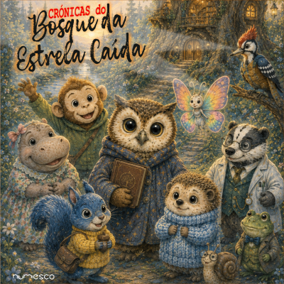 Capa de livro infantil com animais antropomórficos no bosque e texto do título