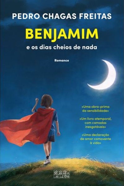 Capa do livro BENJAMIM e os dias cheios de nada com criança de capa vermelha e lua crescente num céu noturno
