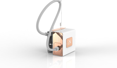 Dispositivo eletrónico branco com detalhes cobre e mangueira flexível cinza