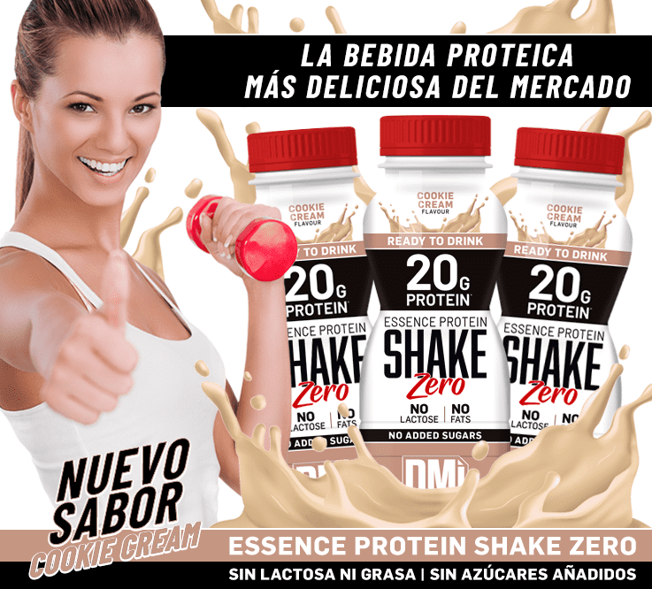 Embalagens Essence Protein Shake Zero Cookie Cream com mulher segurando haltere e fundo de splash creme.