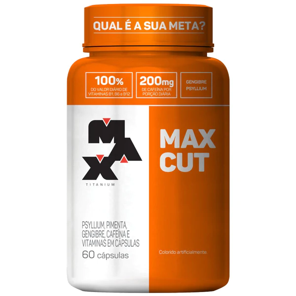 Frasco laranja e cinza de suplemento MAX CUT com 60 cápsulas