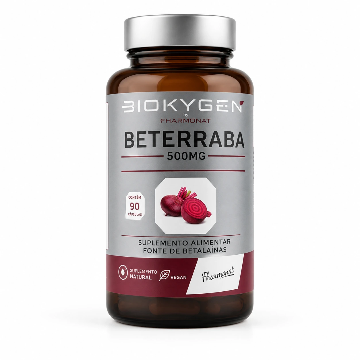 Beterraba 500 mg Biokygen – 90 Cápsulas Frasco de suplemento alimentar com rótulo de beterraba Biokygen 500mg