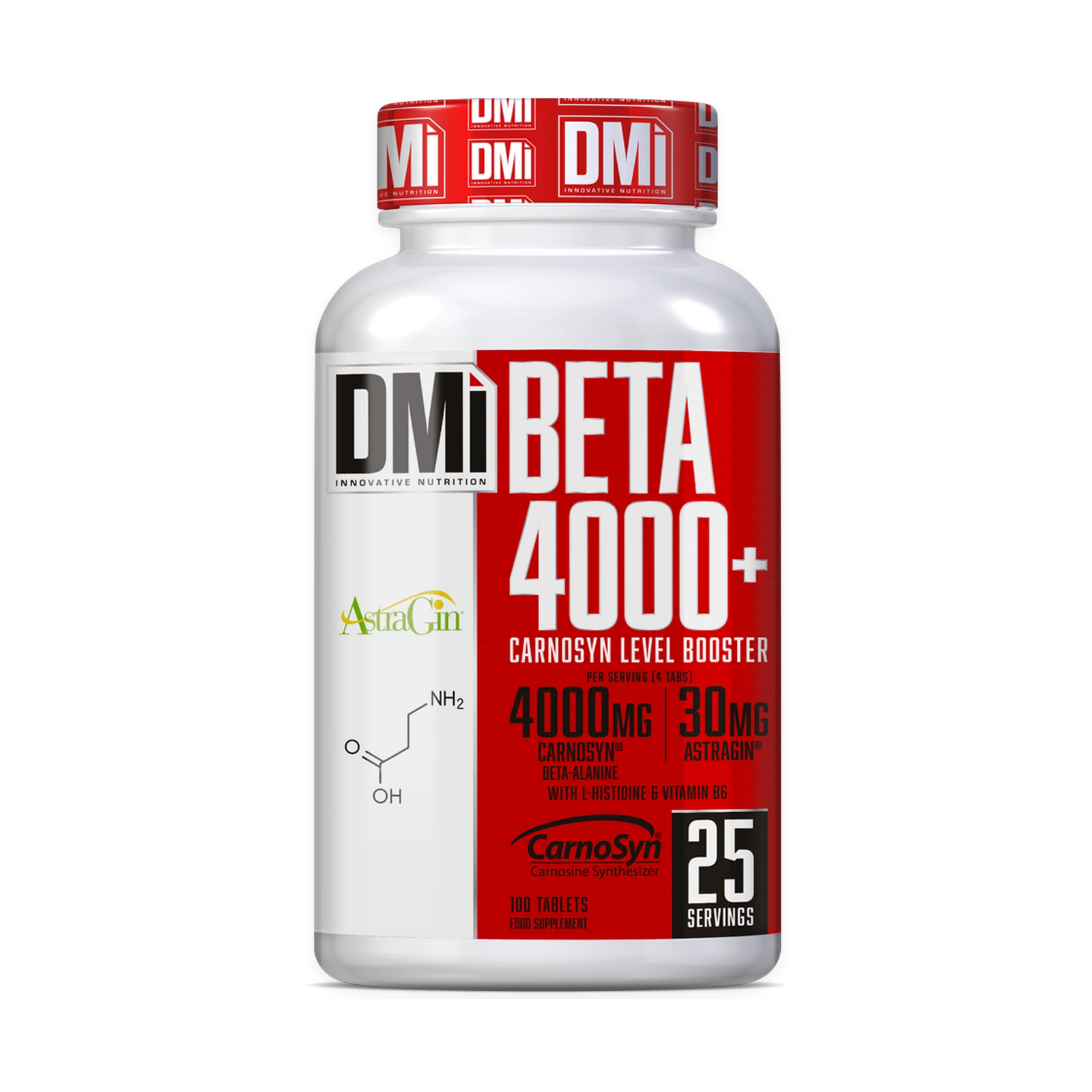 BETA 4000+ DMI — 100 Comprimidos Frasco de suplemento BETA 4000+ da DMi com tampa vermelha e rótulo vermelho e branco