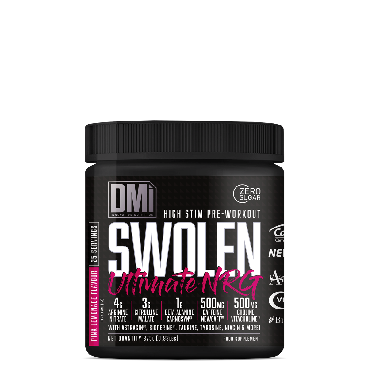 Suplemento pré-treino DMI Swolen Ultimate NRG em embalagem preta com rótulo branco e rosa