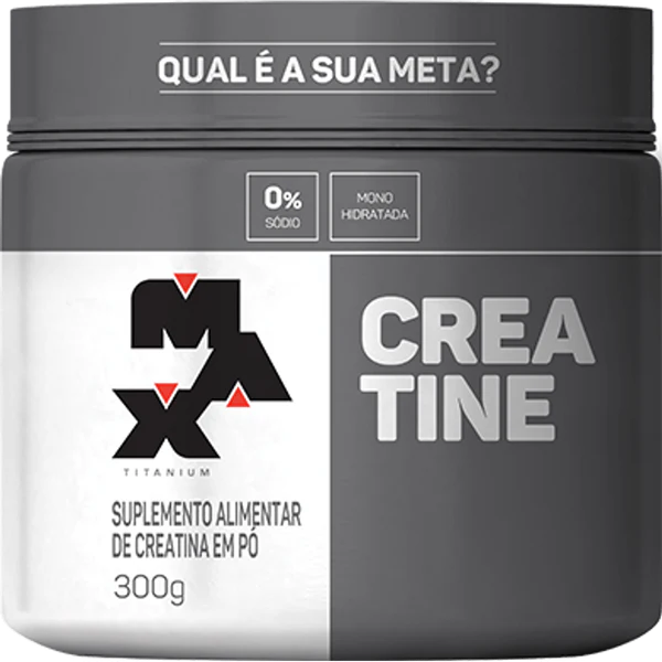Frasco de suplemento alimentar de creatina em pó Max Titanium preto e branco
