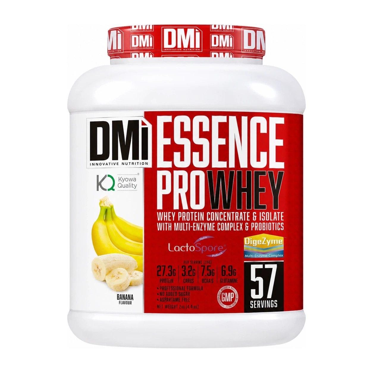 Essence Pro Whey DMI Nutrition 2 kg Suplemento em pó DMi ESSENCE PRO WHEY sabor banana em embalagem branca e vermelha.