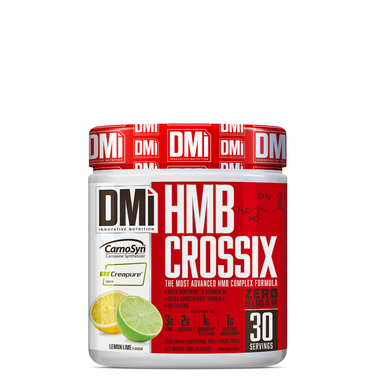 Pote de suplemento DMi HMB Crossix com tampa vermelha e rótulo vermelho com imagens de limão e lima