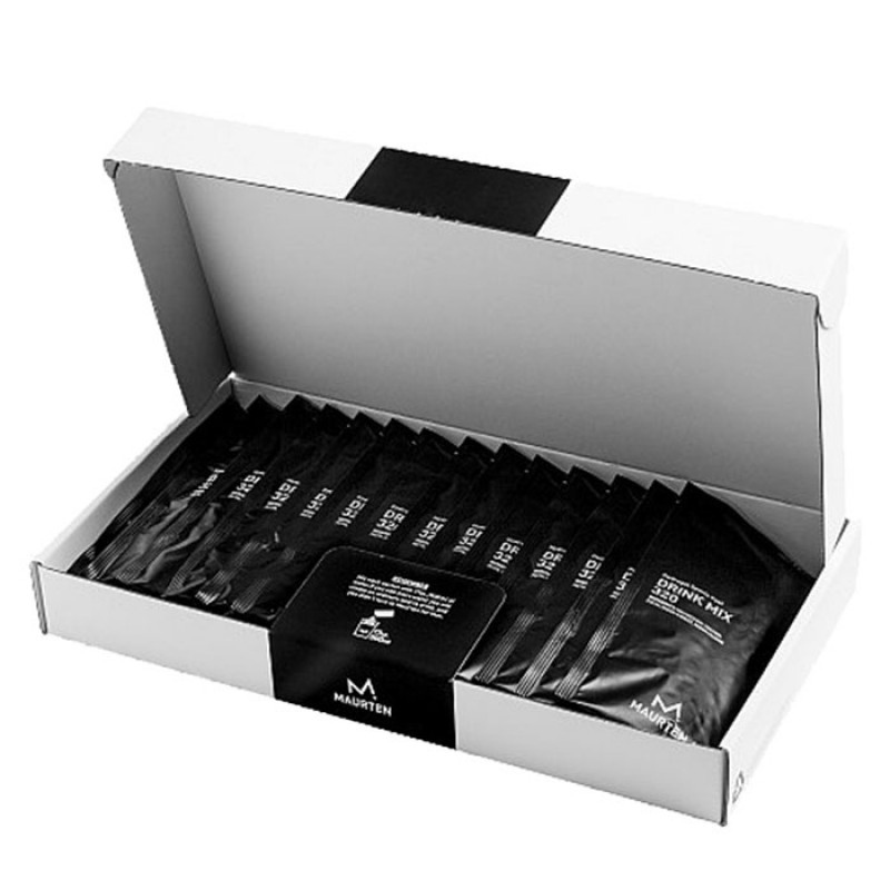 Caixa branca aberta com várias saquetas pretas alinhadas dentro