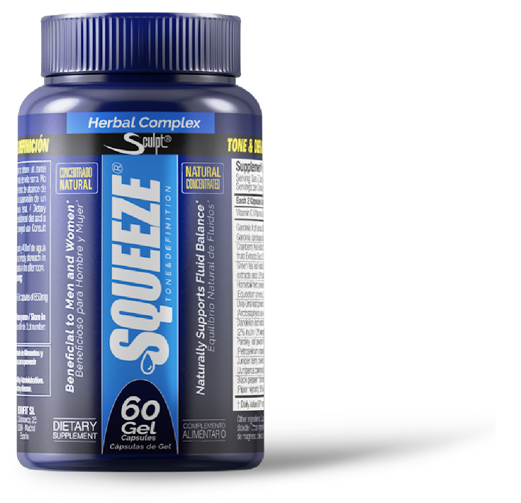 Frasco azul de suplemento dietético Squeeze Herbal Complex com rótulo azul e branco.