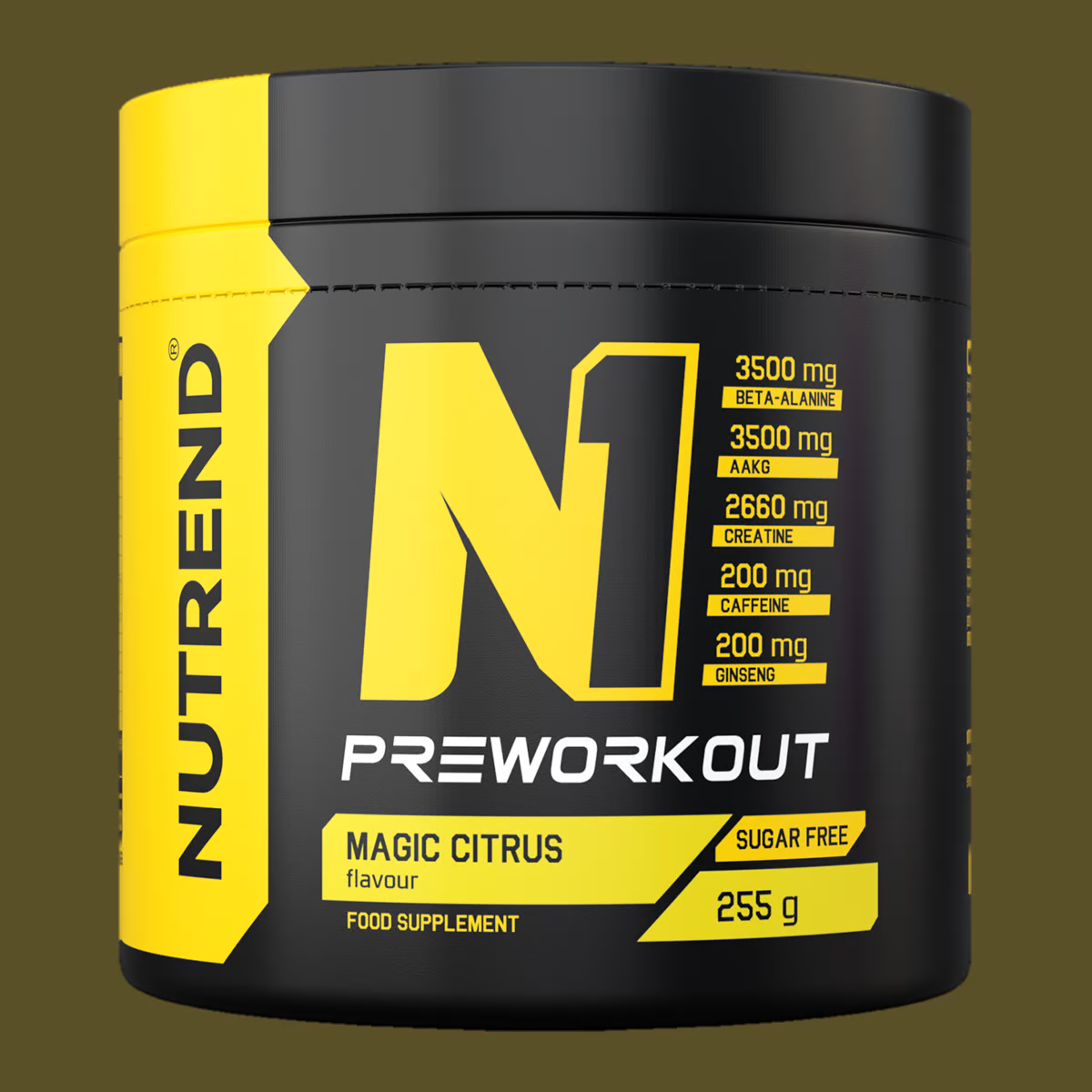 Frasco preto e amarelo de suplemento pré-treino Nutrend N1 Magic Citrus