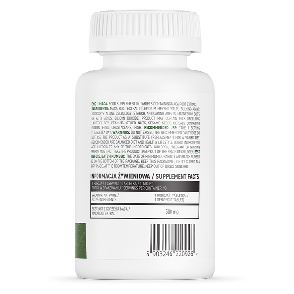 Frasco branco de suplemento alimentar com texto em inglês e polaco no rótulo, código de barras visível