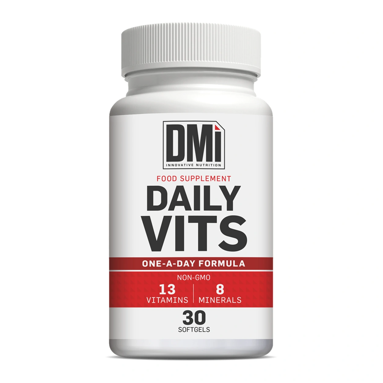 DAILY VITS DMI – 30 Softgels frasco branco de suplemento alimentar Daily Vits com rótulo em branco e vermelho