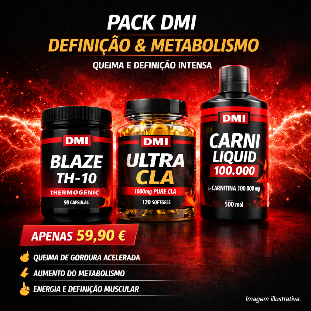 Produtos suplementares DMI BLAZE TH-10, ULTRA CLA e CARNI LIQUID 100.000 com fundo vermelho e textos em português.