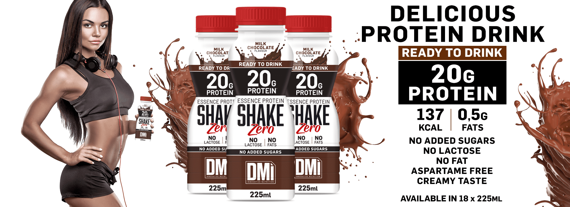 Embalagem de batidos proteicos prontos a beber com texto informativo e mulher ao lado