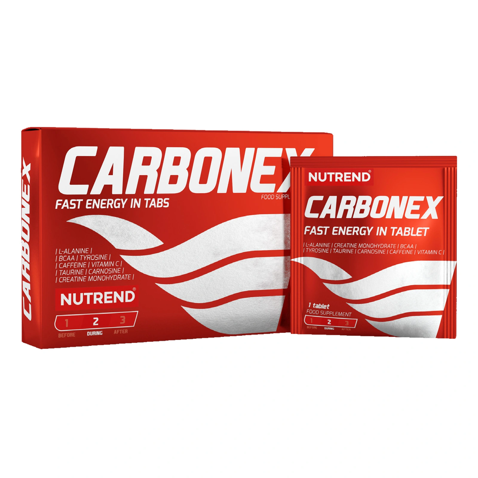 Carbonex Nutrend — 12 pastilhas Embalagens vermelhas de suplemento CARBONEX NUTREND com texto em branco
