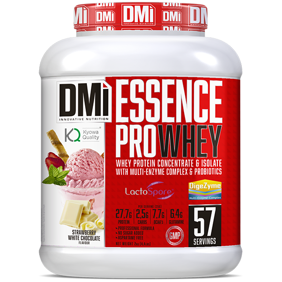 Embalagem de suplemento proteico DMi Essence Pro Whey sabor morango chocolate branco