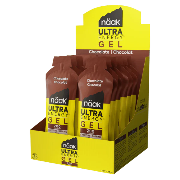 Sachets de gel energético nãak Ultra Energy sabor chocolate numa caixa amarela
