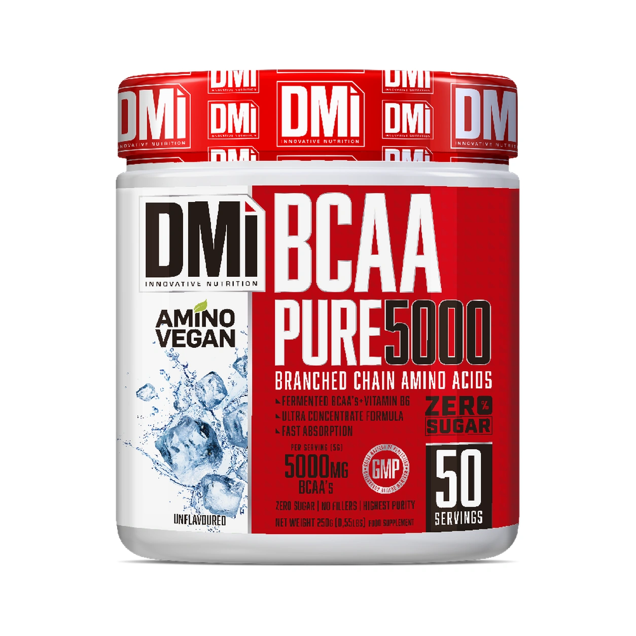 BCAA PURE 5000 DMI — 250 g Suplemento alimentar BCAA PURE 5000 da DMi com rótulo vermelho e branco e cubos de gelo na embalagem