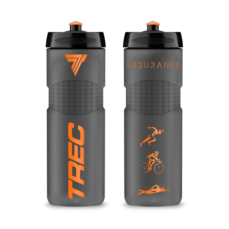 Garrafa desportiva cinzenta com texto e ícones laranja