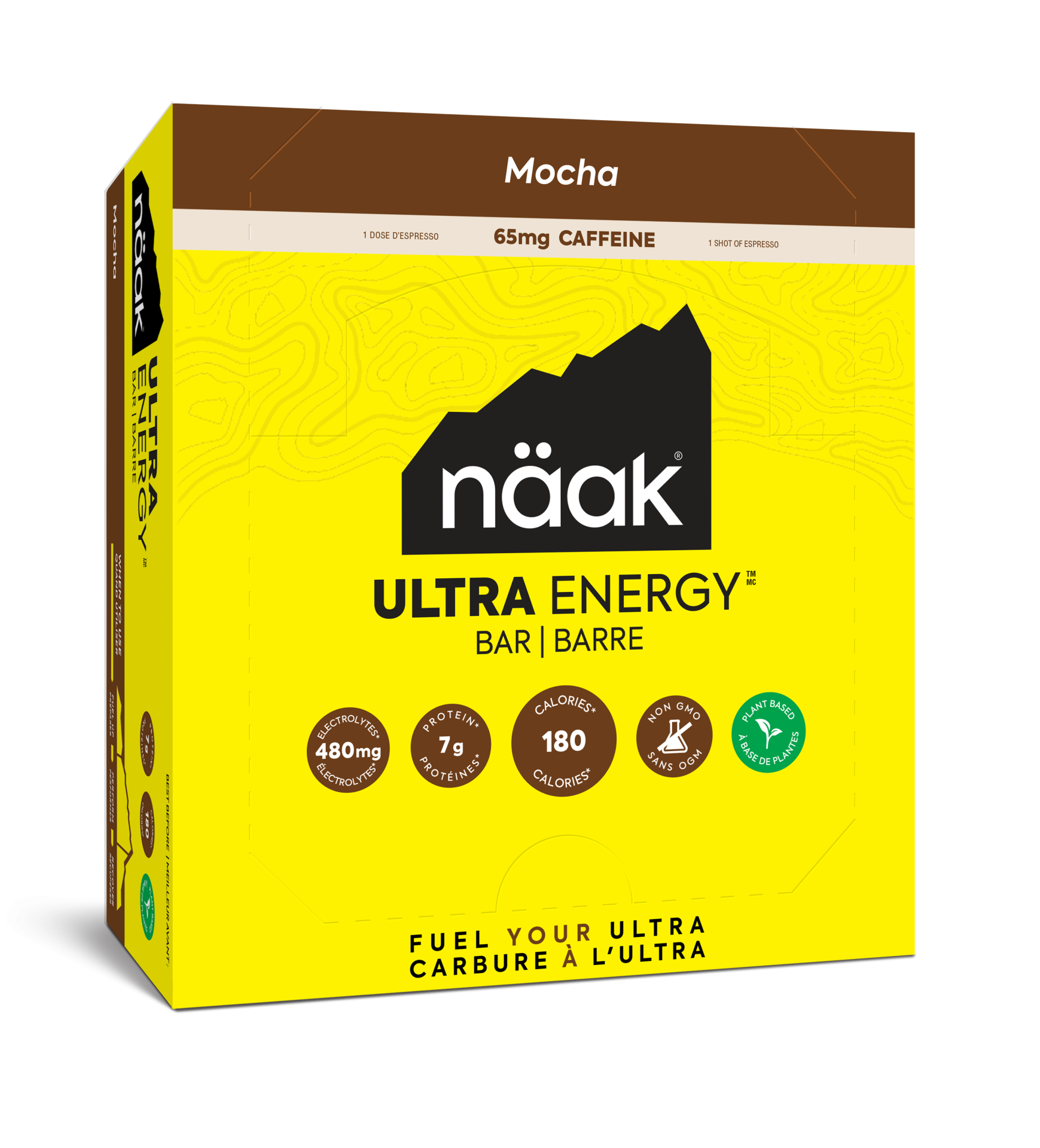 Embalagem näak Ultra Energy Bar Mocha amarela e castanha com informações de cafeína, proteína, calorias e selo vegano