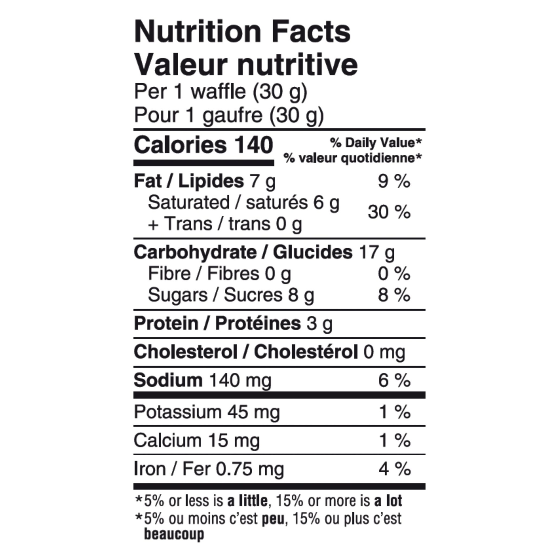 Etiqueta nutricional para 1 waffle de 30 g com vários valores nutricionais em duas línguas.