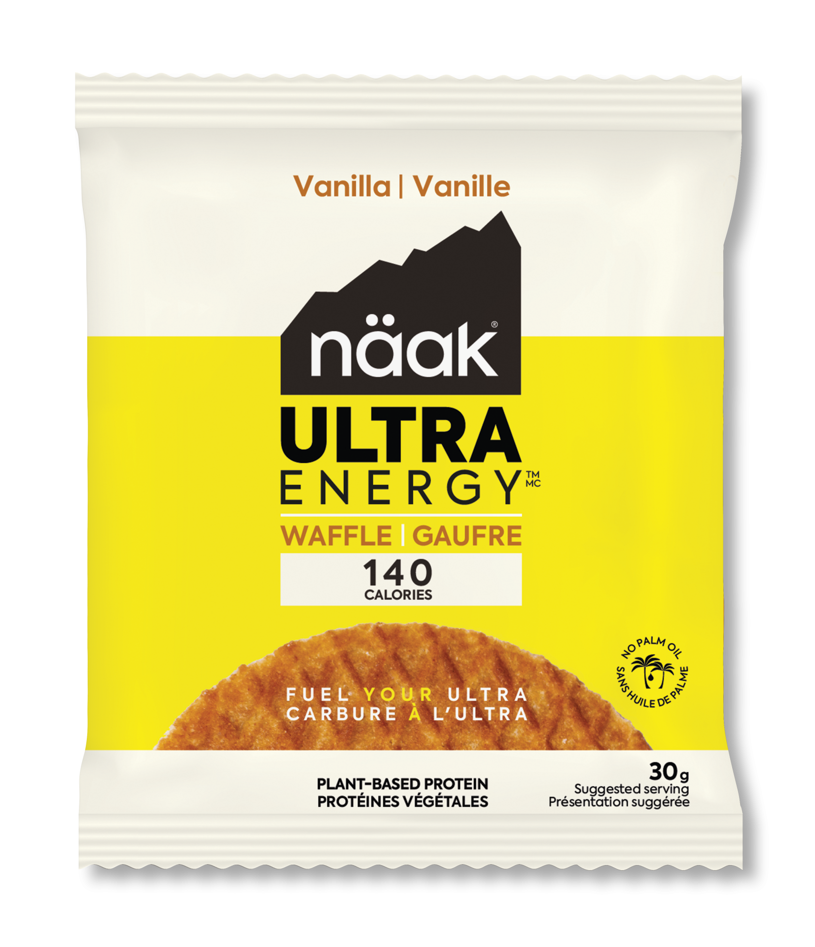Pacote amarelo e branco do snack näak ULTRA ENERGY waffle baunilha