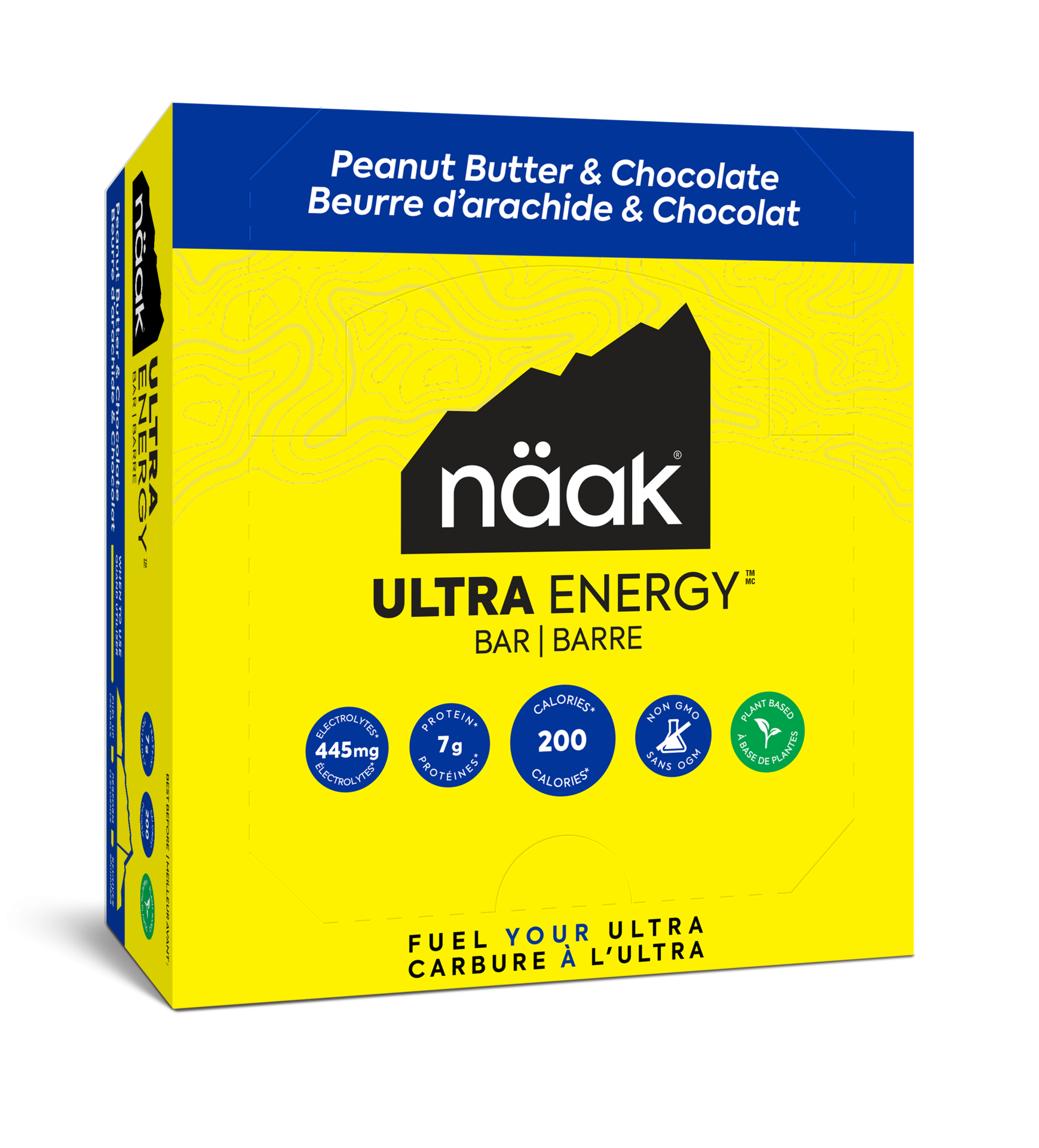 Embalagem amarela e azul das barras energéticas näak Ultra Energy sabor Peanut Butter & Chocolate