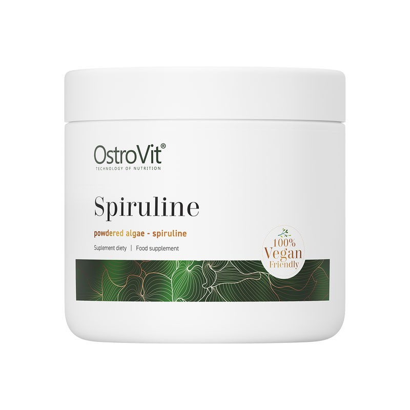 Suplemento Spiruline em embalagem branca com design floral e selo vegan.