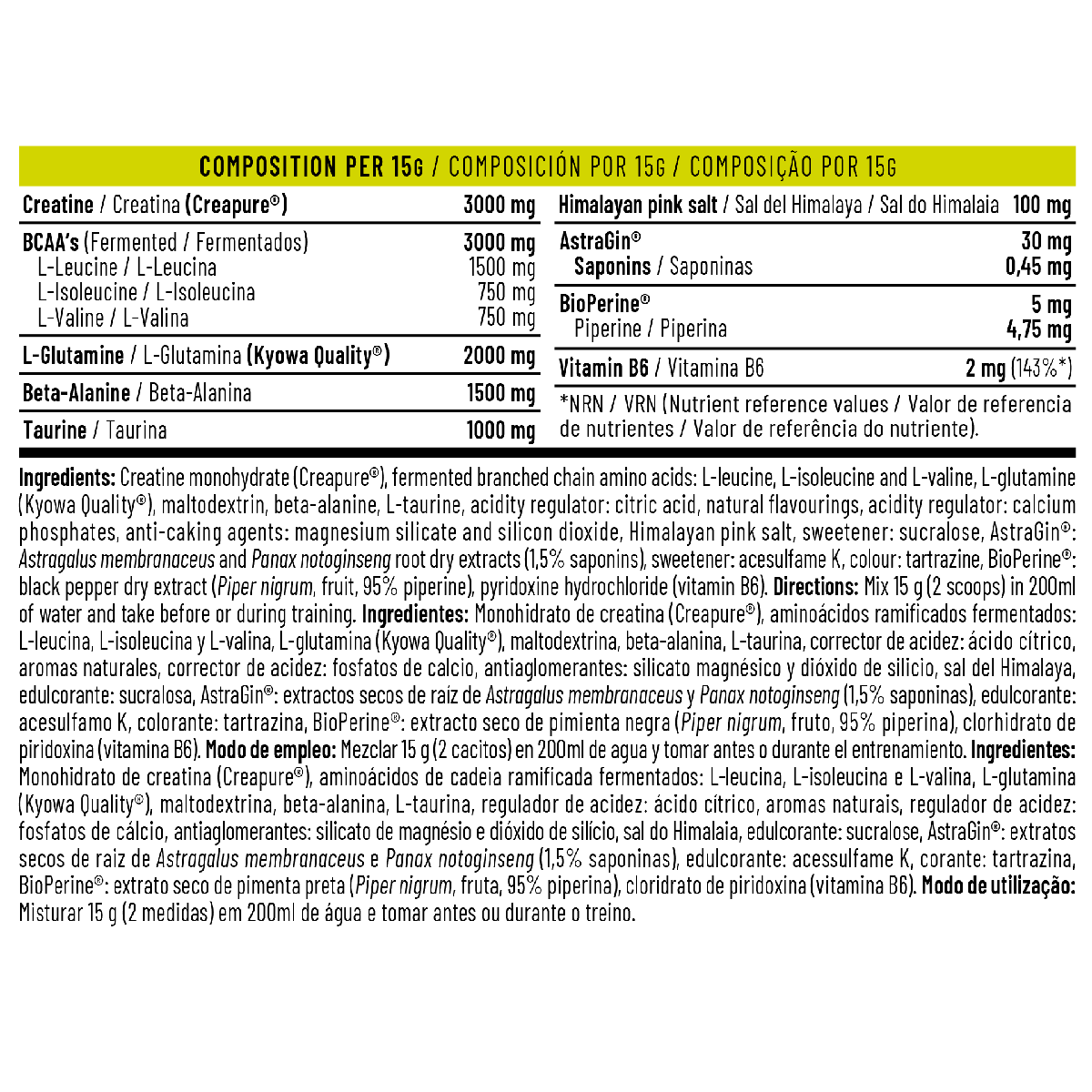 Etiqueta de suplemento alimentar com composição e ingredientes detalhado