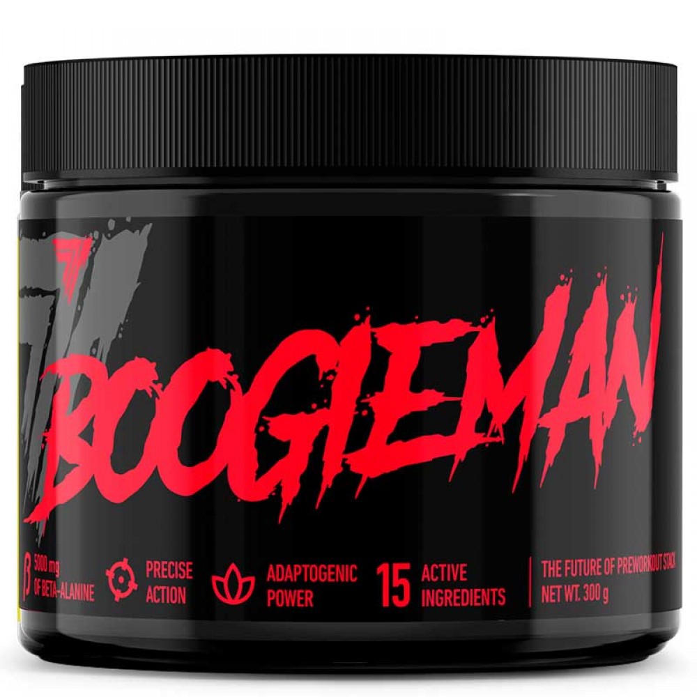 Frasco preto de suplemento alimentar com texto vermelho BOOGIEMAN