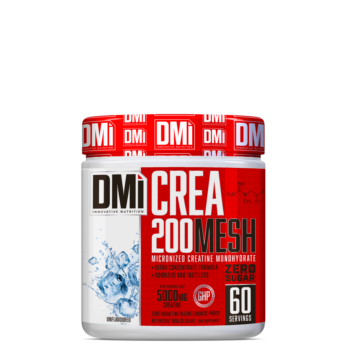 Frasco de suplemento DMI CREA 200 MESH com etiqueta vermelha e branca