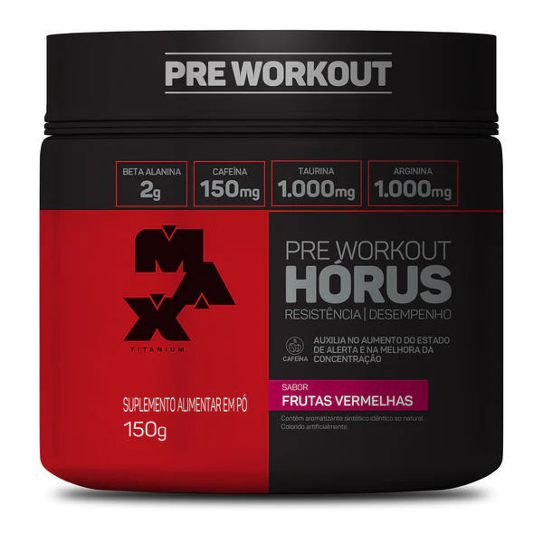 Frasco vermelho e preto de suplemento alimentar em pó PRE WORKOUT HÓRUS sabor Frutas Vermelhas