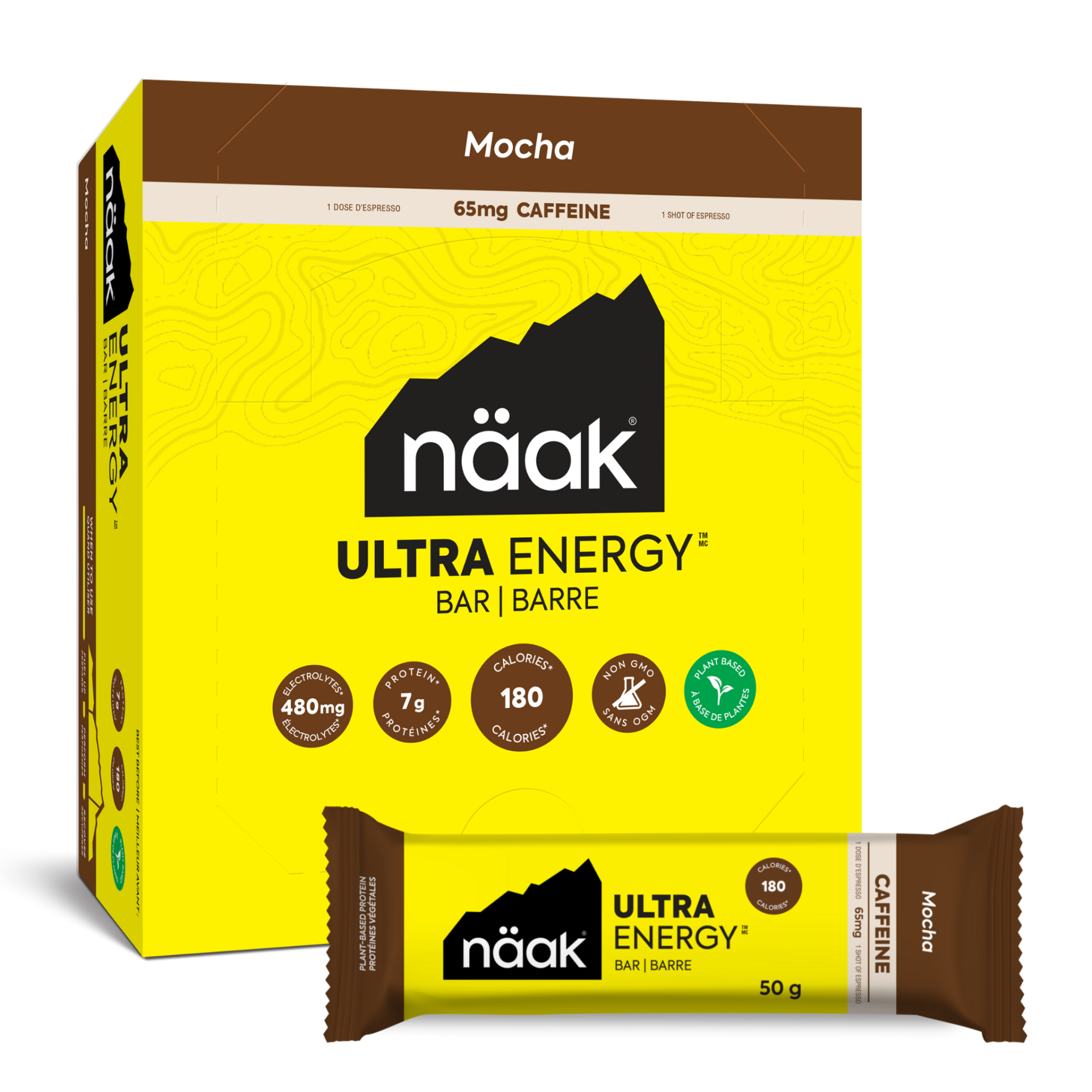Caixa e barra energética näak Ultra Energy Mocha amarelas e castanhas