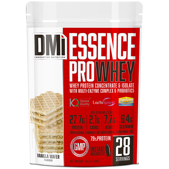 Embalagem de suplemento DM Essence Pro Whey de sabor Vanilla Wafer com informações nutricionais e 28 doses.