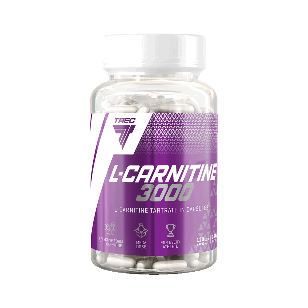 Frasco de cápsulas L-CARNITINE 3000 com rótulo roxo e branco