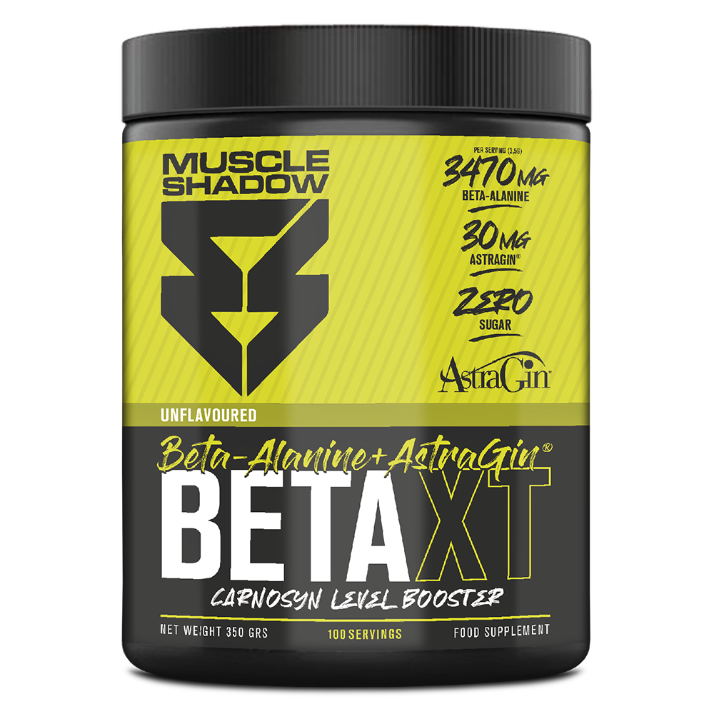 Frasco preto e amarelo do suplemento alimentar Muscle Shadow Beta XT