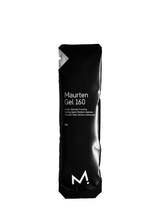 Pacote preto de gel energético Maurten Gel 160 com texto branco