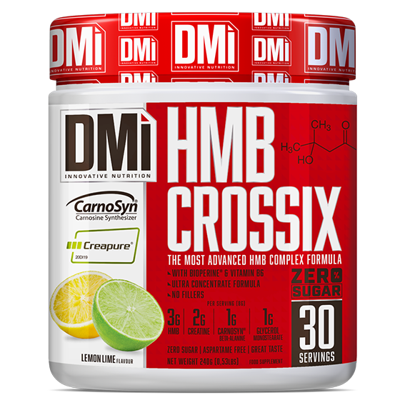 Embalagem de suplemento HMB CROSSIX sabor lemon lime da marca DMI, 30 doses, zero açúcar.